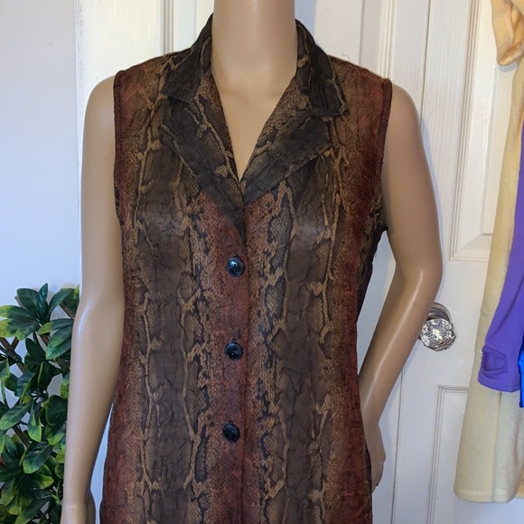 Vintage 80s Reptile snake print sheer chiffon sleeveless maxi VEST Shirt top S M - Picture 5 of 13